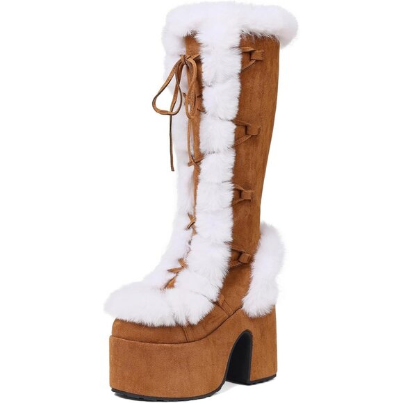 ⚡Womens Chestnut Synthetic Mid Calf Lace Up Chunky High Heel Warm Fur Snow Boots - Picture 1 of 6